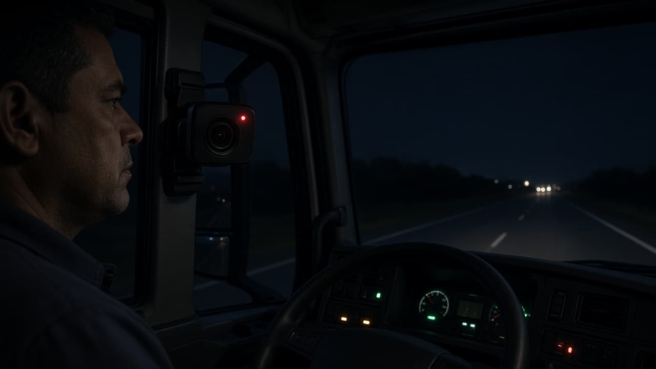 Câmera de fadiga instalada na cabine de um caminhão monitorando o motorista durante a noite