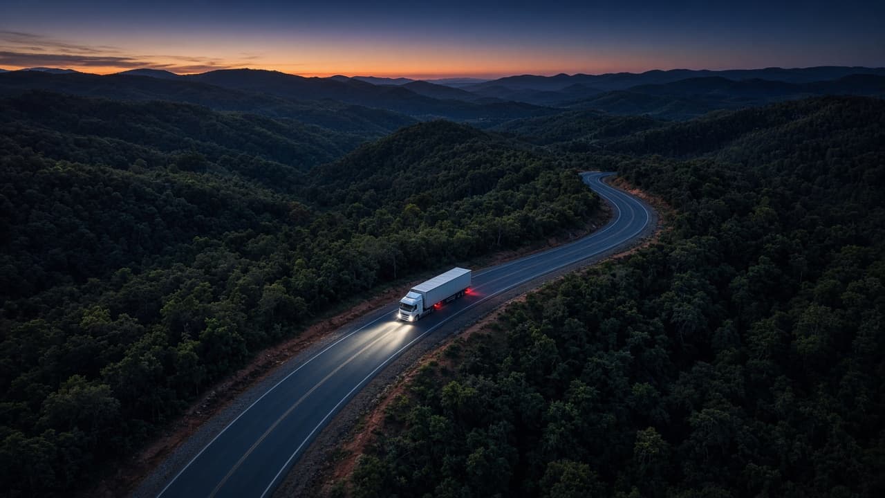 Caminhão trafegando à noite por rodovia sinuosa em área de mata no Sul do Brasil