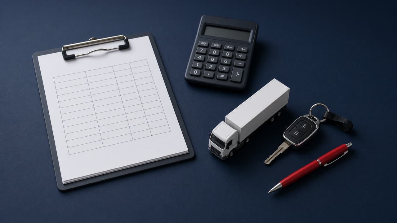 Prancheta com notas de abastecimento, calculadora e miniatura de caminhão para cálculo do custo por km