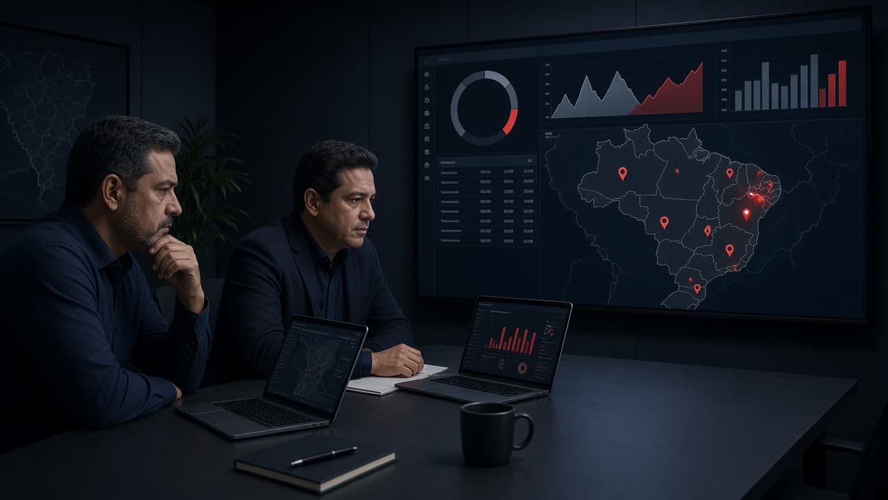 Gestores de frota analisam indicadores e mapa de veículos em painel na sala de operações