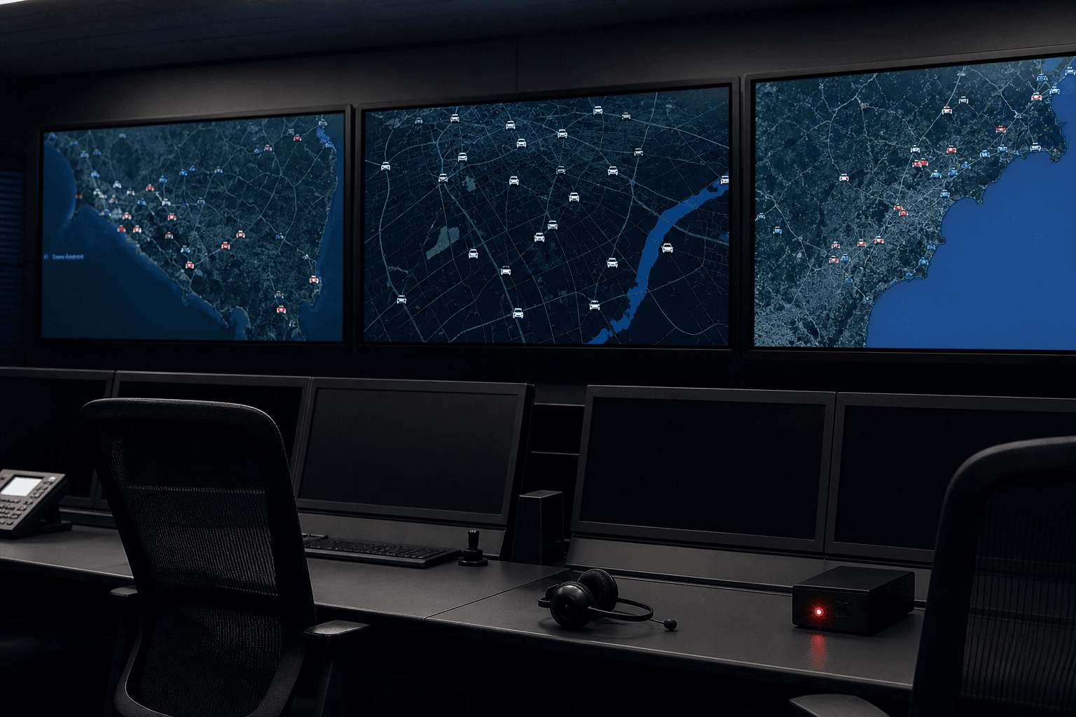 Central de monitoramento de frotas em tempo real com mapa e alertas de eventos