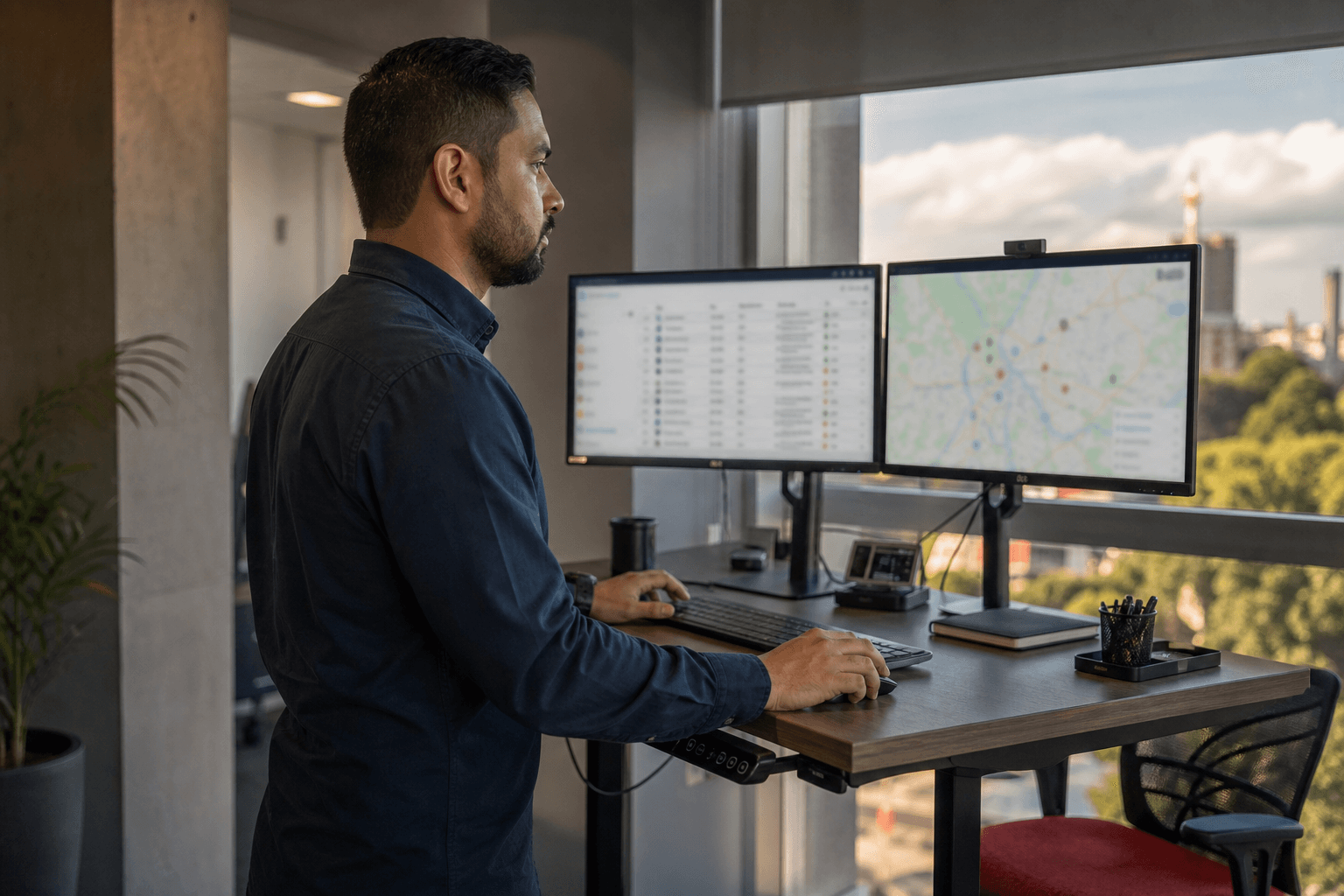 Gestor analisa indicadores de gestão de frotas em um painel com mapa e custos por veículo