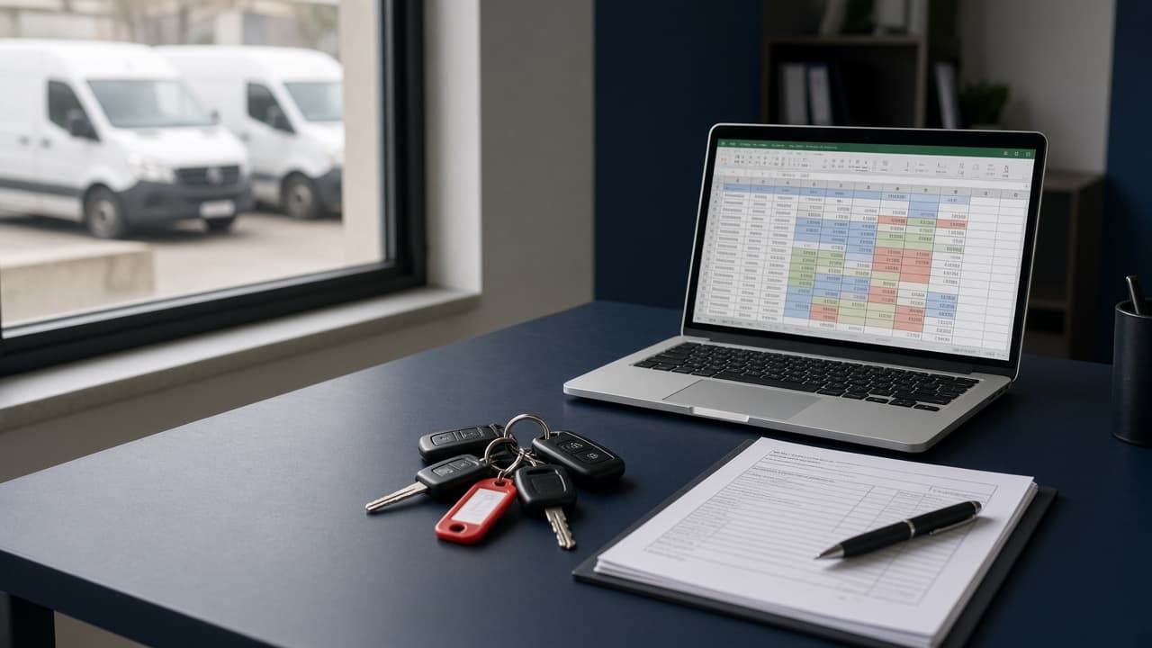 Notebook com planilha de controle de frota, chaves dos veículos e caderno de registros no escritório