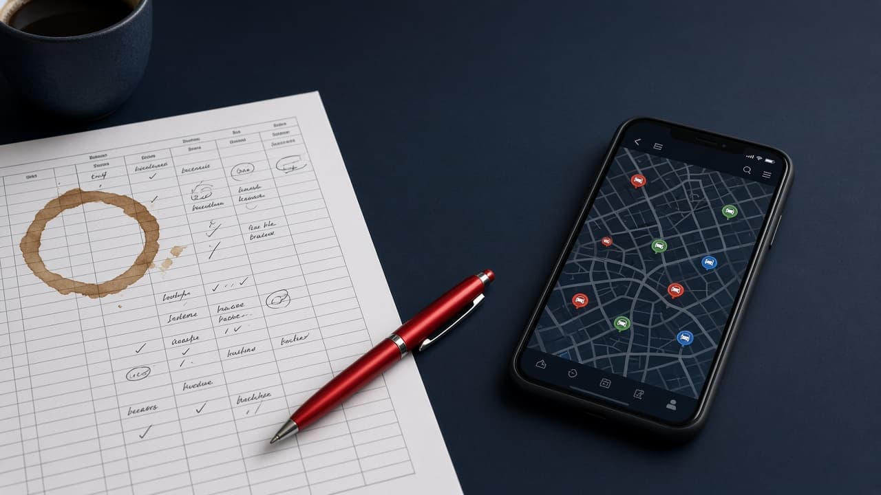 Planilha impressa com correções à mão ao lado de celular com mapa de veículos em tempo real