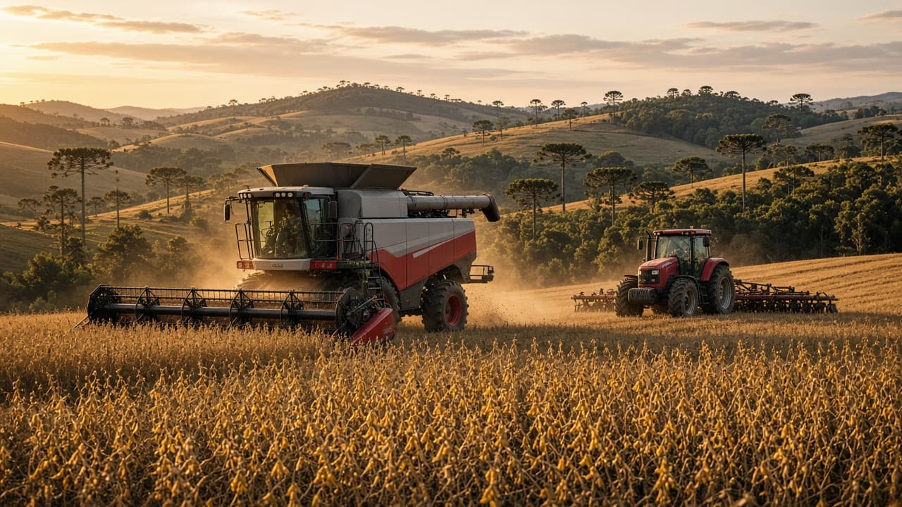 Colheitadeira e trator trabalhando em lavoura de soja no Centro-Sul do Paraná ao entardecer