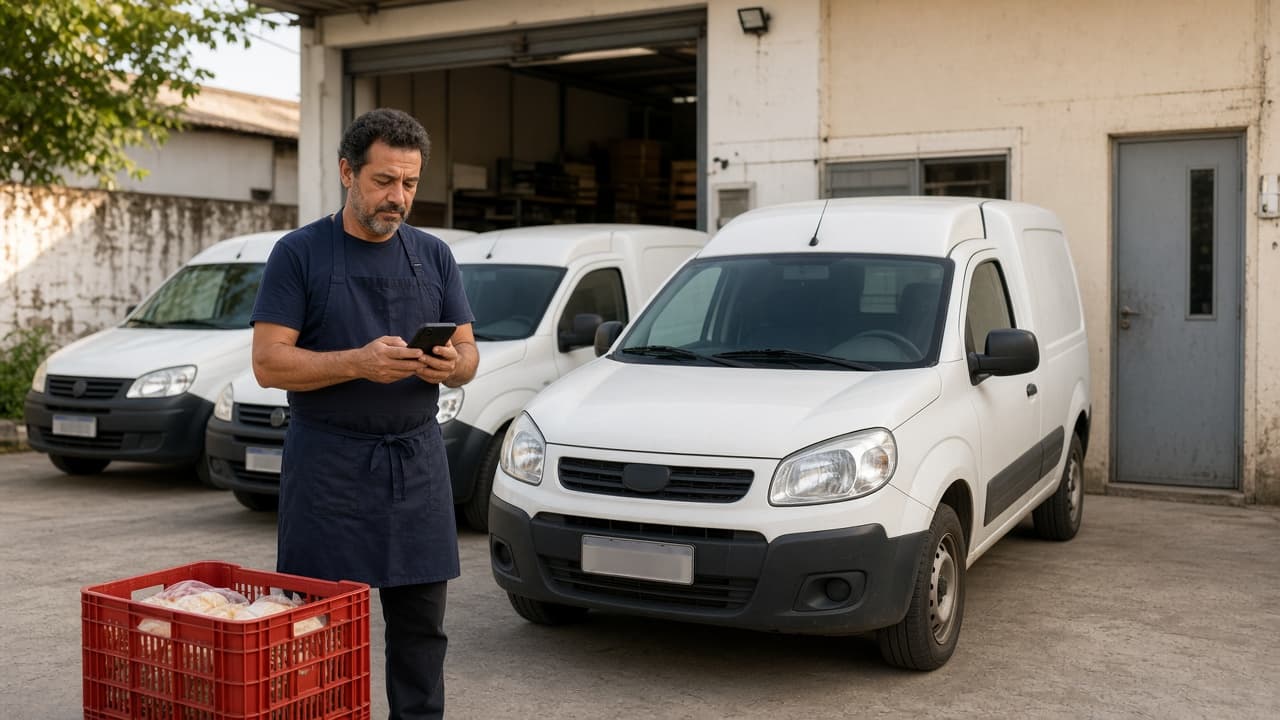 Dono de pequena empresa confere no celular as vans de entrega estacionadas em frente ao galpão
