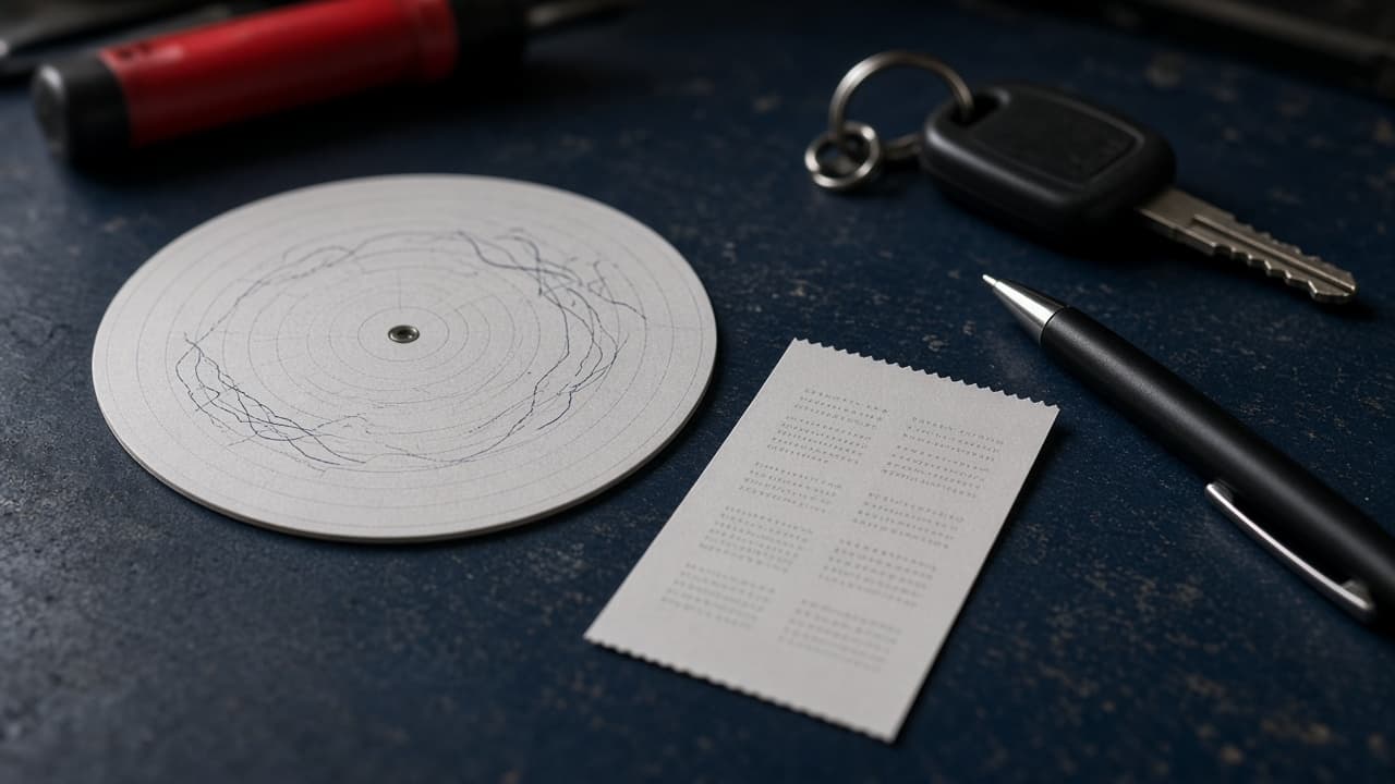 Disco-diagrama de tacógrafo analógico ao lado da fita impressa de um tacógrafo digital