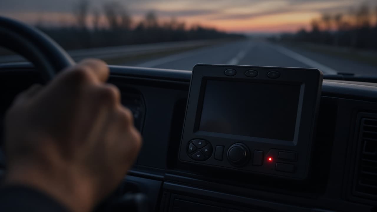 Tacógrafo digital instalado no painel de um caminhão em rodovia ao amanhecer